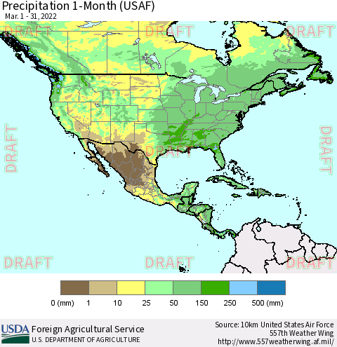 North America Precipitation 1-Month (USAF) Thematic Map For 3/1/2022 - 3/31/2022