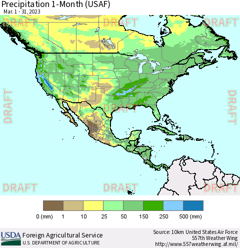 North America Precipitation 1-Month (USAF) Thematic Map For 3/1/2023 - 3/31/2023