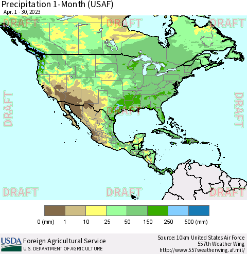 North America Precipitation 1-Month (USAF) Thematic Map For 4/1/2023 - 4/30/2023