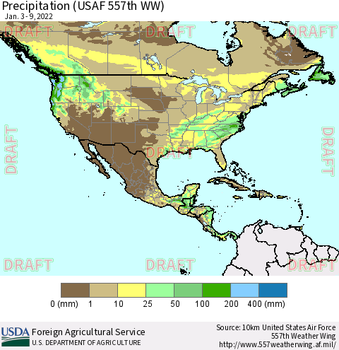 North America Precipitation (USAF 557th WW) Thematic Map For 1/3/2022 - 1/9/2022