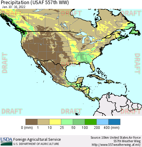 North America Precipitation (USAF 557th WW) Thematic Map For 1/10/2022 - 1/16/2022