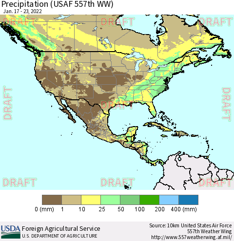 North America Precipitation (USAF 557th WW) Thematic Map For 1/17/2022 - 1/23/2022