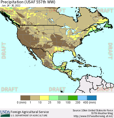 North America Precipitation (USAF 557th WW) Thematic Map For 1/24/2022 - 1/30/2022