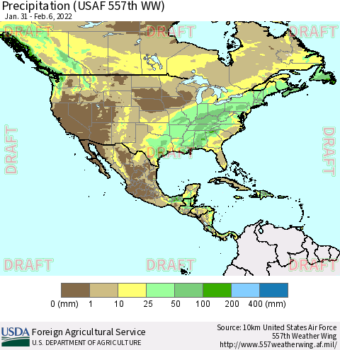 North America Precipitation (USAF 557th WW) Thematic Map For 1/31/2022 - 2/6/2022