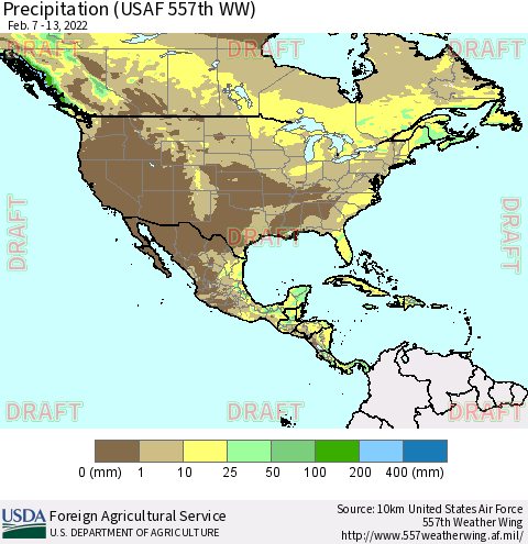 North America Precipitation (USAF 557th WW) Thematic Map For 2/7/2022 - 2/13/2022