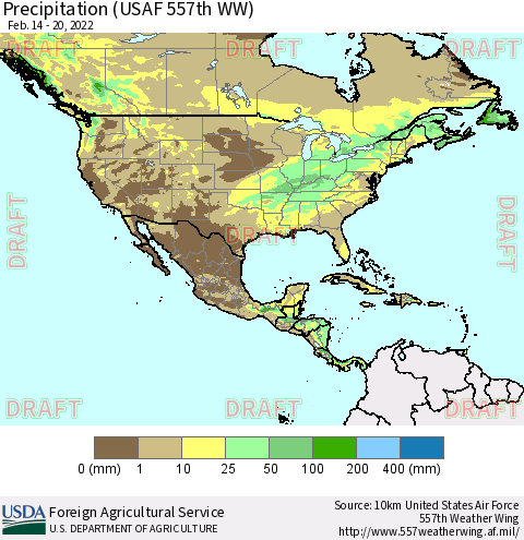 North America Precipitation (USAF 557th WW) Thematic Map For 2/14/2022 - 2/20/2022
