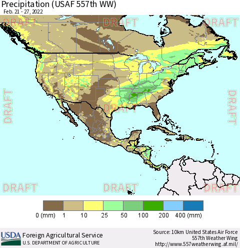 North America Precipitation (USAF 557th WW) Thematic Map For 2/21/2022 - 2/27/2022