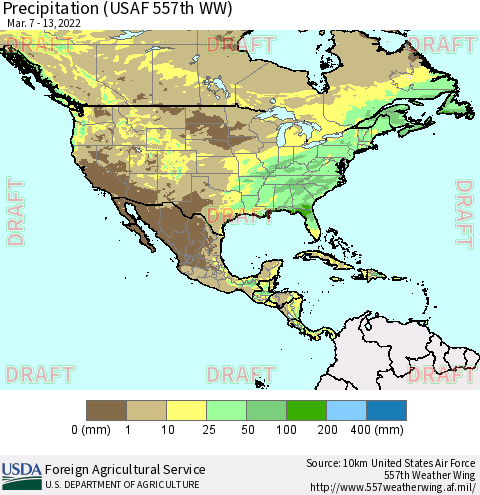 North America Precipitation (USAF 557th WW) Thematic Map For 3/7/2022 - 3/13/2022
