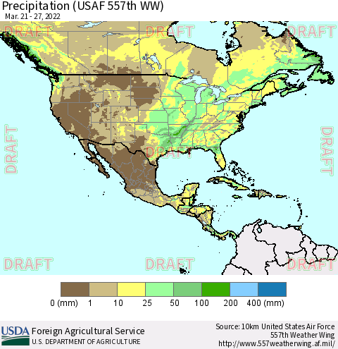 North America Precipitation (USAF 557th WW) Thematic Map For 3/21/2022 - 3/27/2022