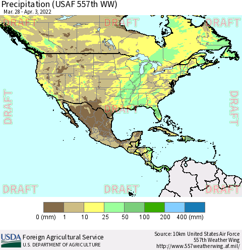 North America Precipitation (USAF 557th WW) Thematic Map For 3/28/2022 - 4/3/2022