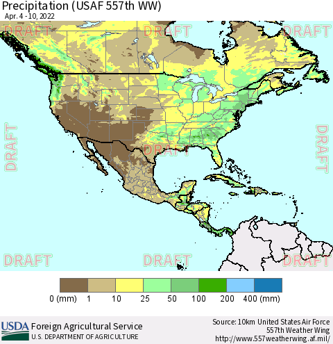North America Precipitation (USAF 557th WW) Thematic Map For 4/4/2022 - 4/10/2022
