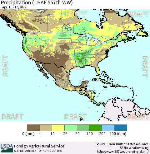 North America Precipitation (USAF 557th WW) Thematic Map For 4/11/2022 - 4/17/2022