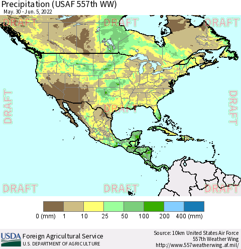 North America Precipitation (USAF 557th WW) Thematic Map For 5/30/2022 - 6/5/2022