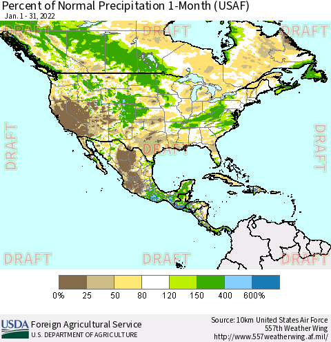 North America Percent of Normal Precipitation 1-Month (USAF) Thematic Map For 1/1/2022 - 1/31/2022