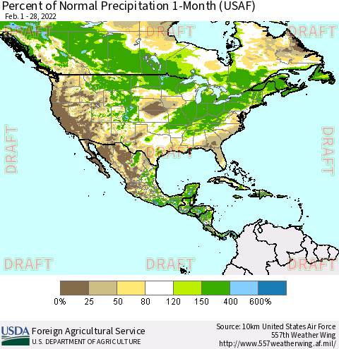 North America Percent of Normal Precipitation 1-Month (USAF) Thematic Map For 2/1/2022 - 2/28/2022