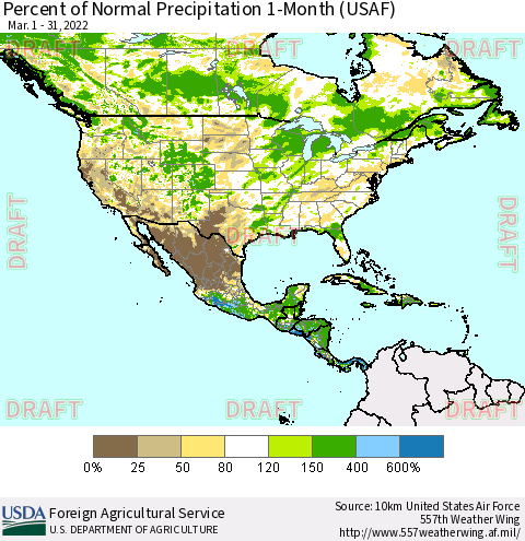 North America Percent of Normal Precipitation 1-Month (USAF) Thematic Map For 3/1/2022 - 3/31/2022
