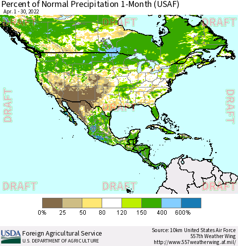 North America Percent of Normal Precipitation 1-Month (USAF) Thematic Map For 4/1/2022 - 4/30/2022