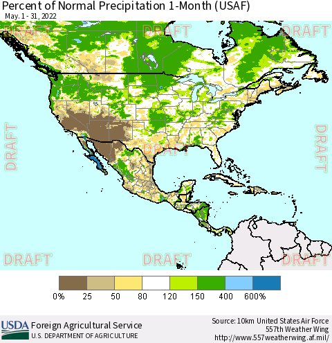 North America Percent of Normal Precipitation 1-Month (USAF) Thematic Map For 5/1/2022 - 5/31/2022