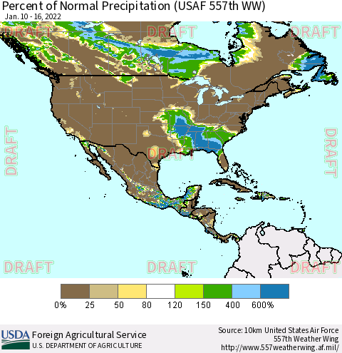 North America Percent of Normal Precipitation (USAF 557th WW) Thematic Map For 1/10/2022 - 1/16/2022