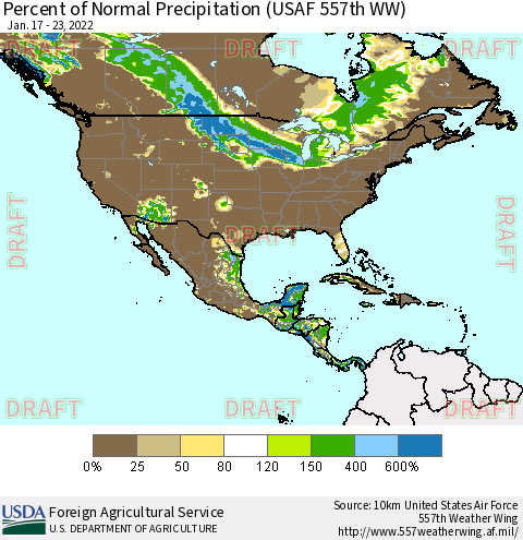 North America Percent of Normal Precipitation (USAF 557th WW) Thematic Map For 1/17/2022 - 1/23/2022