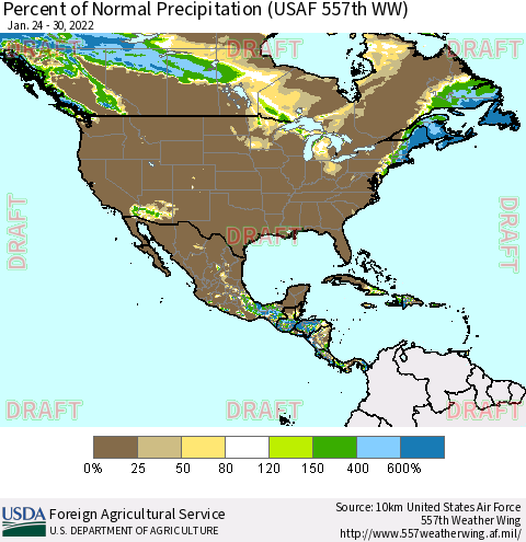North America Percent of Normal Precipitation (USAF 557th WW) Thematic Map For 1/24/2022 - 1/30/2022