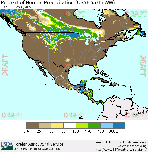 North America Percent of Normal Precipitation (USAF 557th WW) Thematic Map For 1/31/2022 - 2/6/2022