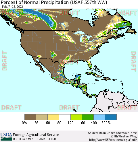 North America Percent of Normal Precipitation (USAF 557th WW) Thematic Map For 2/7/2022 - 2/13/2022