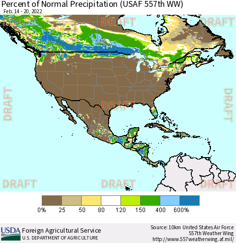 North America Percent of Normal Precipitation (USAF 557th WW) Thematic Map For 2/14/2022 - 2/20/2022