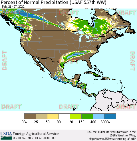 North America Percent of Normal Precipitation (USAF 557th WW) Thematic Map For 2/21/2022 - 2/27/2022