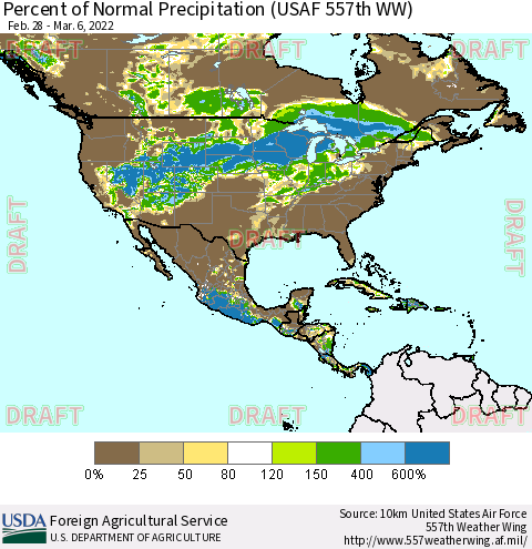 North America Percent of Normal Precipitation (USAF 557th WW) Thematic Map For 2/28/2022 - 3/6/2022