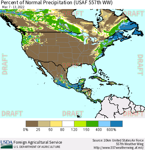 North America Percent of Normal Precipitation (USAF 557th WW) Thematic Map For 3/7/2022 - 3/13/2022