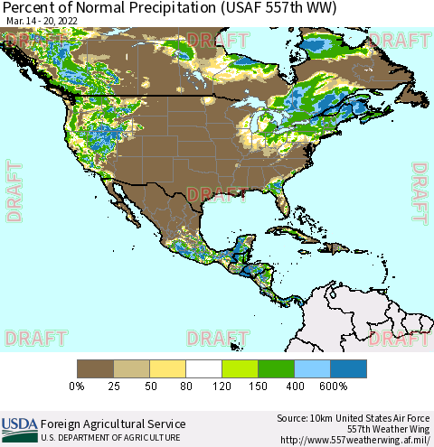 North America Percent of Normal Precipitation (USAF 557th WW) Thematic Map For 3/14/2022 - 3/20/2022