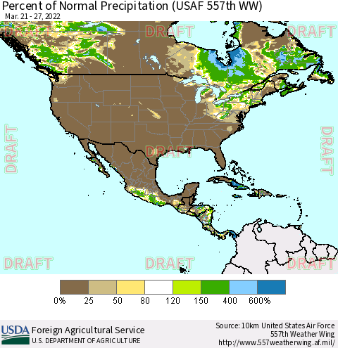 North America Percent of Normal Precipitation (USAF 557th WW) Thematic Map For 3/21/2022 - 3/27/2022
