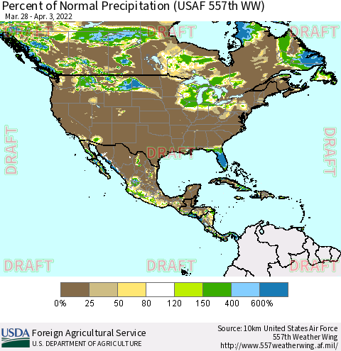 North America Percent of Normal Precipitation (USAF 557th WW) Thematic Map For 3/28/2022 - 4/3/2022