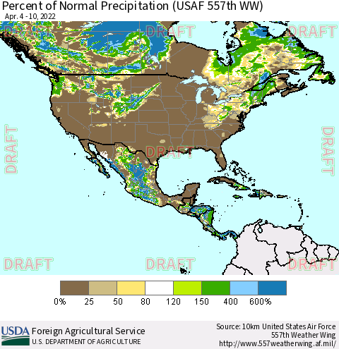 North America Percent of Normal Precipitation (USAF 557th WW) Thematic Map For 4/4/2022 - 4/10/2022