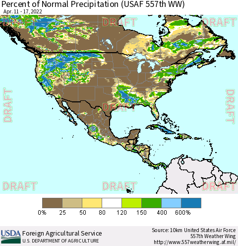 North America Percent of Normal Precipitation (USAF 557th WW) Thematic Map For 4/11/2022 - 4/17/2022