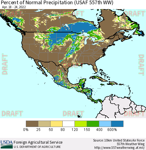 North America Percent of Normal Precipitation (USAF 557th WW) Thematic Map For 4/18/2022 - 4/24/2022
