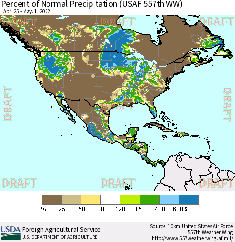 North America Percent of Normal Precipitation (USAF 557th WW) Thematic Map For 4/25/2022 - 5/1/2022