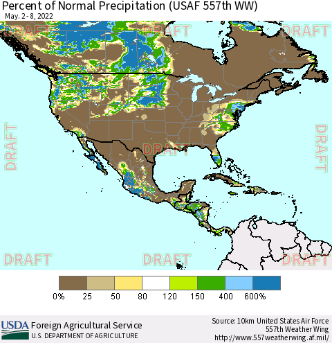 North America Percent of Normal Precipitation (USAF 557th WW) Thematic Map For 5/2/2022 - 5/8/2022
