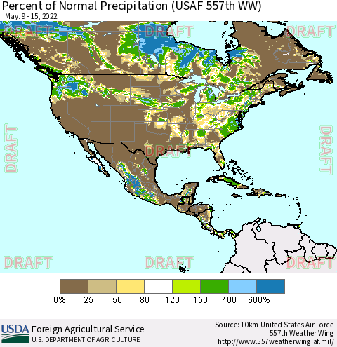 North America Percent of Normal Precipitation (USAF 557th WW) Thematic Map For 5/9/2022 - 5/15/2022