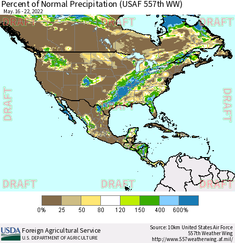 North America Percent of Normal Precipitation (USAF 557th WW) Thematic Map For 5/16/2022 - 5/22/2022