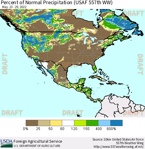 North America Percent of Normal Precipitation (USAF 557th WW) Thematic Map For 5/23/2022 - 5/29/2022