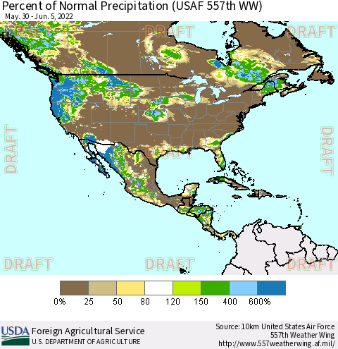 North America Percent of Normal Precipitation (USAF 557th WW) Thematic Map For 5/30/2022 - 6/5/2022