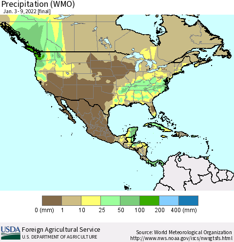 North America Precipitation (WMO) Thematic Map For 1/3/2022 - 1/9/2022