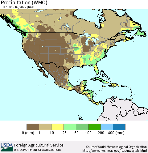 North America Precipitation (WMO) Thematic Map For 1/10/2022 - 1/16/2022