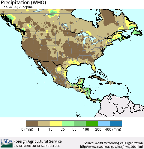 North America Precipitation (WMO) Thematic Map For 1/24/2022 - 1/30/2022