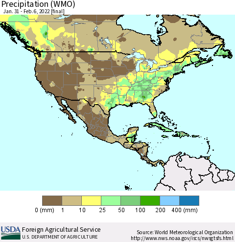 North America Precipitation (WMO) Thematic Map For 1/31/2022 - 2/6/2022