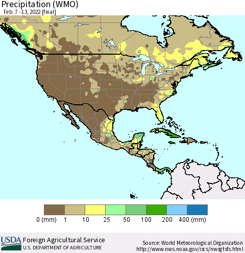 North America Precipitation (WMO) Thematic Map For 2/7/2022 - 2/13/2022