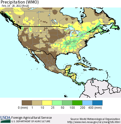 North America Precipitation (WMO) Thematic Map For 2/14/2022 - 2/20/2022