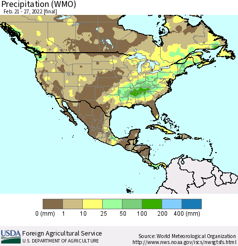 North America Precipitation (WMO) Thematic Map For 2/21/2022 - 2/27/2022